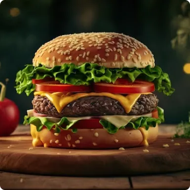 A sesame-seed cheeseburger with lettuce, tomato and a beef patty on a wooden board.