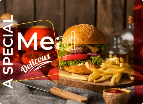 A burger and fries on a wooden board beside a knife, with the words A Special Meal, Delicious written across the photo