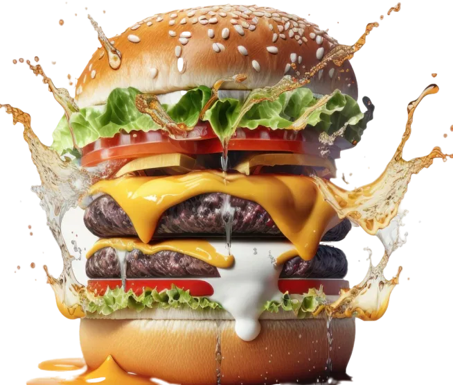 A double cheeseburger with ranch dressing and lettuce, caught mid-splash