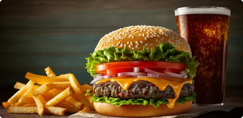 A cheeseburger with lettuce, tomato and red onion beside fries and a glass of cola.