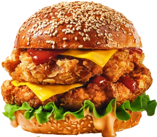 A fried chicken burger with two crispy fillets, cheese and lettuce on a sesame bun