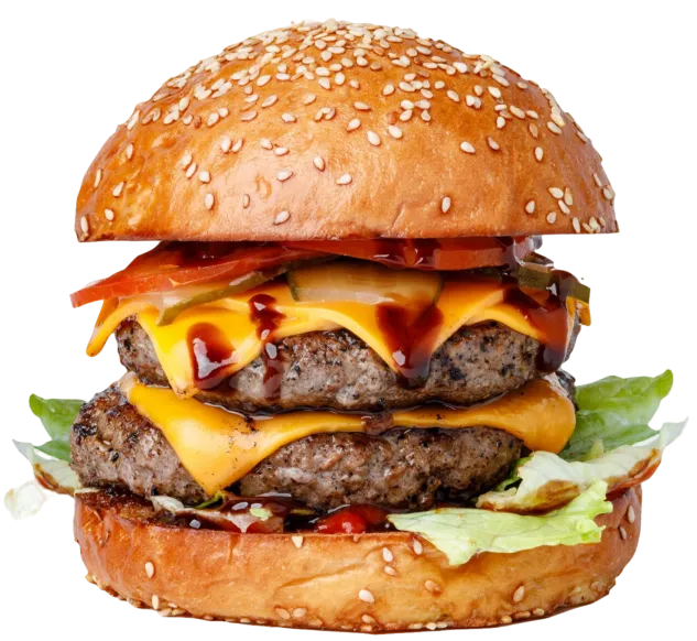 A double cheeseburger dripping with barbecue sauce on a sesame seed bun