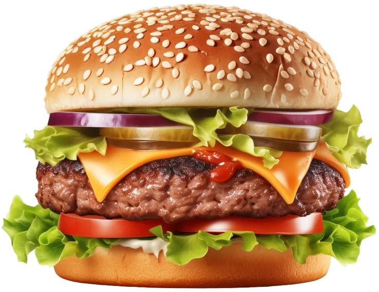 A cheeseburger with cheddar, pickles, red onion, lettuce and tomato on a sesame bun